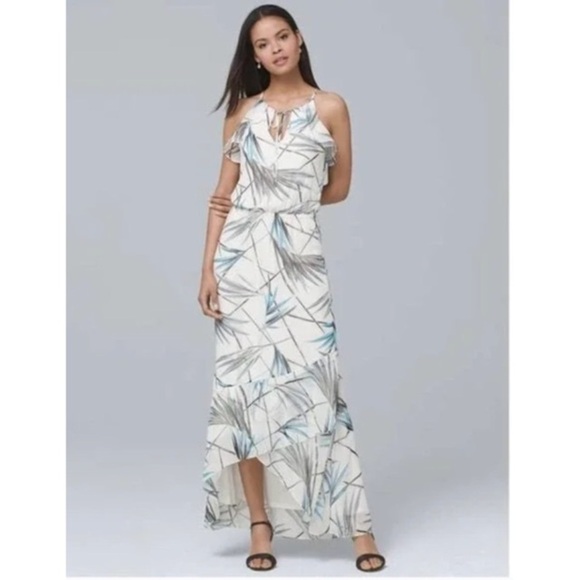 White House Black Market Bamboo Print Halter High-Low Chiffon Maxi Dress Size 8 - Picture 1 of 12